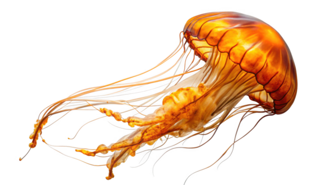 Glowing orange jellyfish swimming underwater on the transparent background PNG