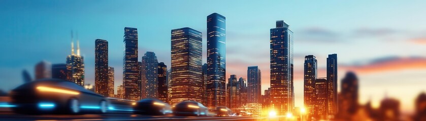 Obraz premium Smart city skyline at night with illuminated buildings and autonomous vehicles, Smart City, Urban innovation