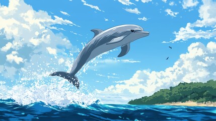 dolphin jumps out of the water in anime style