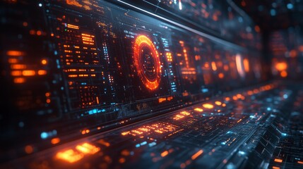 A holographic display projects bright orange and blue graphics, showcasing the intricate workings of advanced technology in a sleek setting.