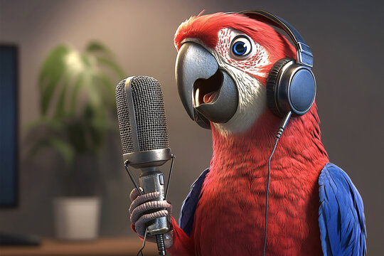 Parrot football commentator with vintage microphone and big earphones. comical angry parrot.
