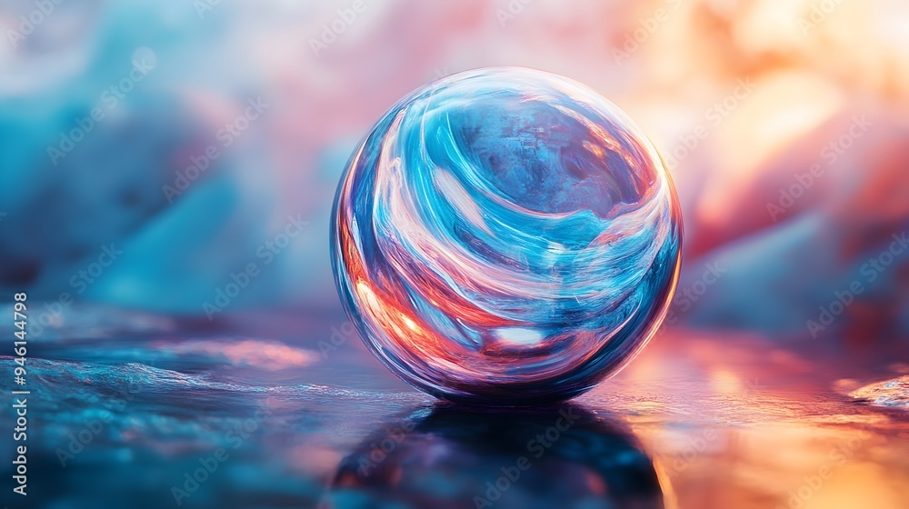 Poster a conceptual image of a crystal ball covered in abstract fluid designs that change shape and color a
