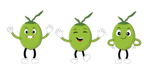 Set of green coconut fruit cartoon character, Mascot poses with smile expression Isolated Vector Illustration