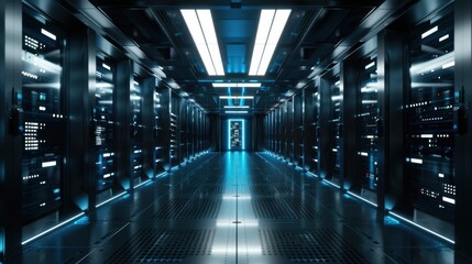 Futuristic server room with rows of sleek, illuminated servers, emphasizing the role of engineering in IT infrastructure