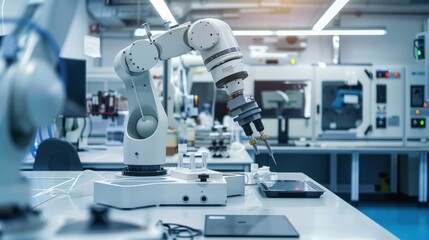 Interior of a robotics engineering lab with various prototypes and testing setups, highlighting innovation in automation