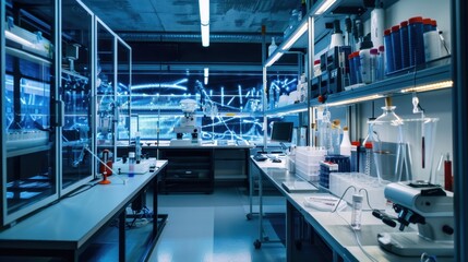 Interior of an engineering research lab with advanced equipment and tools arranged for experimental projects