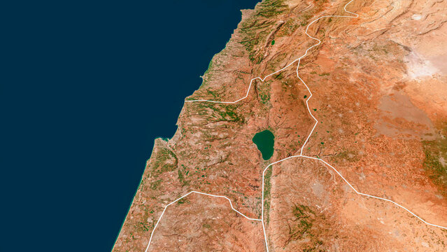 Satellite view of the borders between Lebanon and Israel with Syria, Jordan and the West Bank. Element of this image are furnished by Nasa. 3d render