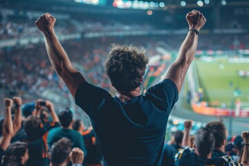 Energetic crowd cheers on soccer players at stadium. Man in navy blue t-shirt raises arms in celebration amidst sea of fans, vibrant colors and green grass.