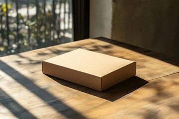 simple card box for product packaging on a wood table mockup generated by AI