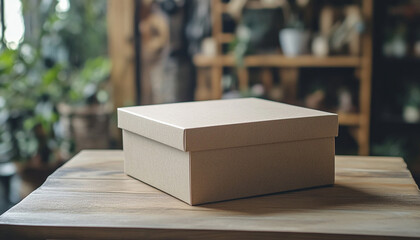 simple card box for product packaging on a wood table mockup generated by AI
