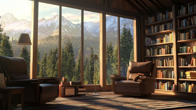 Background image of virtual study room with windows for webinar online presentation teams meeting. Snowy view. Stock image.