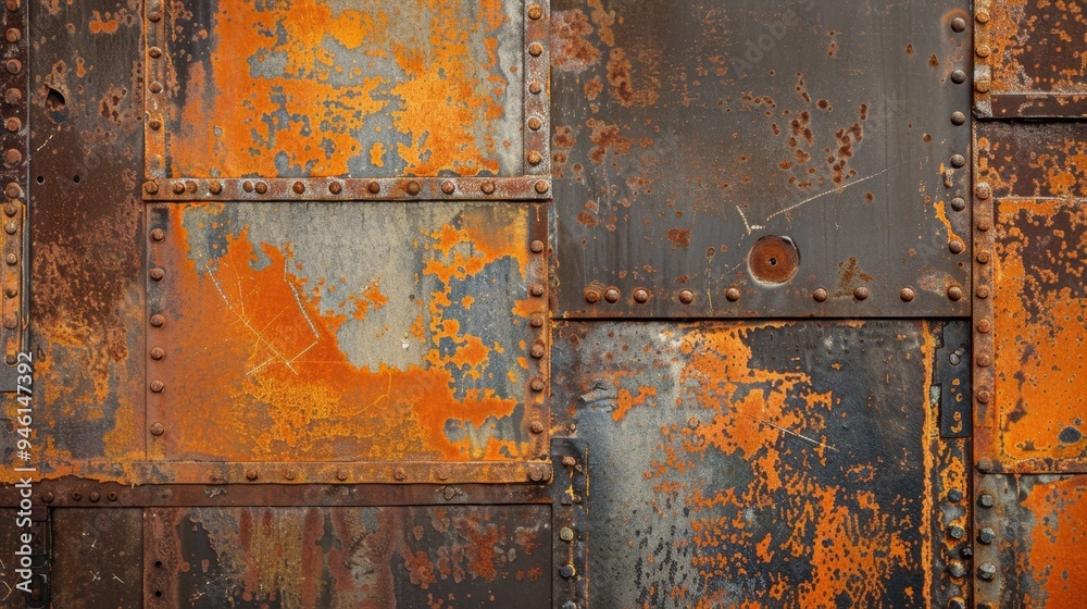 Poster Top view of a corroded iron surface with a mix of orange and brown rust tones, ideal for an industrial theme