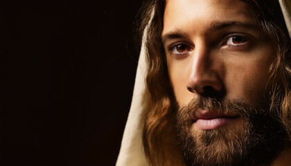 portrait of Shepherd Jesus Christ. close up of face of jesus,Soft image in warm tones, copy space