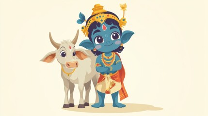 Charming Illustration of Baby Krishna with Sacred Cow, Depicting the Hindu God in Traditional Clothing for Celebrating Indian Festivals Like Janmashtami, Govardhan Puja, and Vasubaras