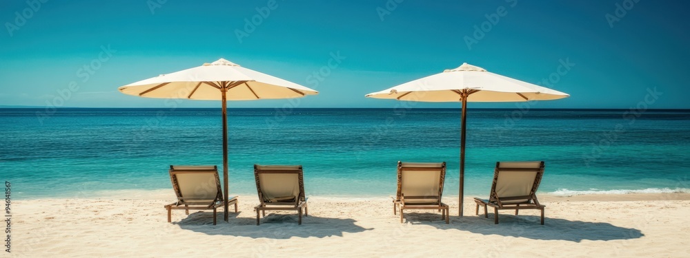 Wall mural a beach with umbrellas and chairs in front of the ocean