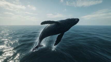 Fototapeta premium A humpback whale breaching above the ocean surface under a bright sky.