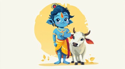 Charming Illustration of Baby Krishna with Sacred Cow, Depicting the Hindu God in Traditional Clothing for Celebrating Indian Festivals Like Janmashtami, Govardhan Puja, and Vasubaras