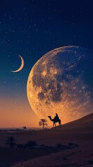 Naklejka premium silhouette of man riding camel in desert, evening towards night with blue sky and beautiful moon, islamic celebration