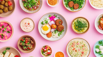 A diverse selection of Arabic dishes featuring fresh ingredients, vibrant colors, and delightful flavors arranged invitingly on a lively table
