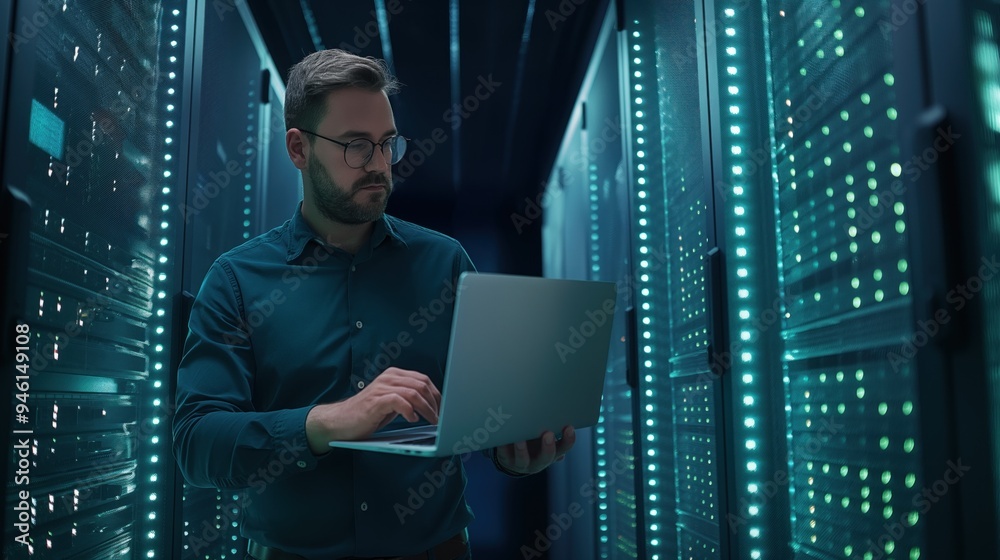 Aufkleber Caucasian male IT pro works on laptop in digital data center room. Server racks are visible behind him as he completes a data transfer operation, ensuring cyber security measures are in place.