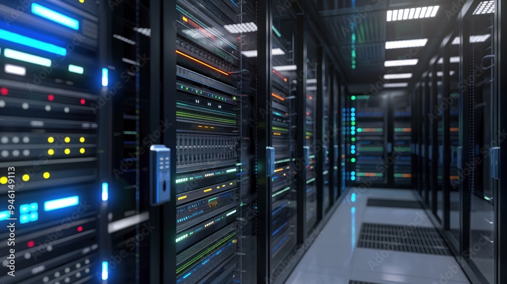 Leinwandbilder row of server racks in a modern data center with blue glow. server computers with data hud displays.