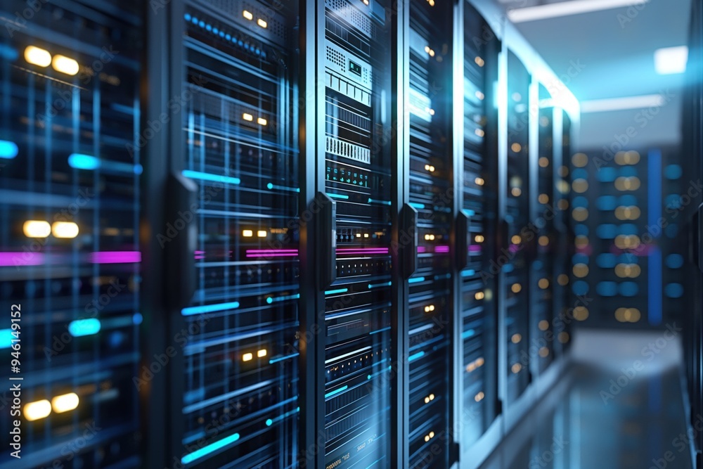 Leinwandbilder server racks in a futuristic data center interior. rows of computer equipment, processors, and termi