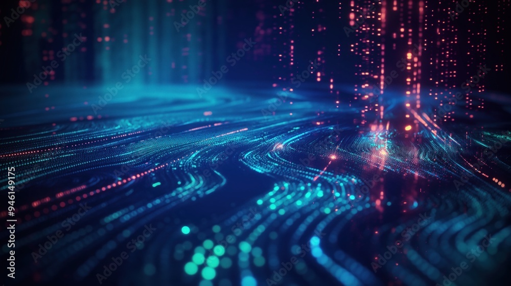 Fototapete Abstract digital tech it theme illustration background. Glowing lines with data structures and information connection, internet or network backdrop.