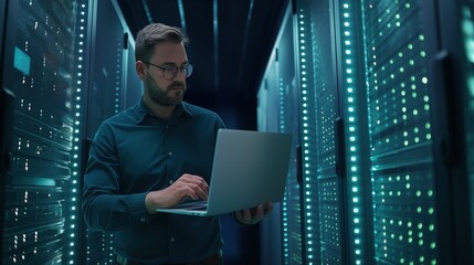 Caucasian male IT pro works on laptop in digital data center room. Server racks are visible behind him as he completes a data transfer operation, ensuring cyber security measures are in place.