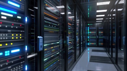 Row of server racks in a modern data center with blue glow. Server computers with data HUD displays. Digital network infrastructure for business technology support.