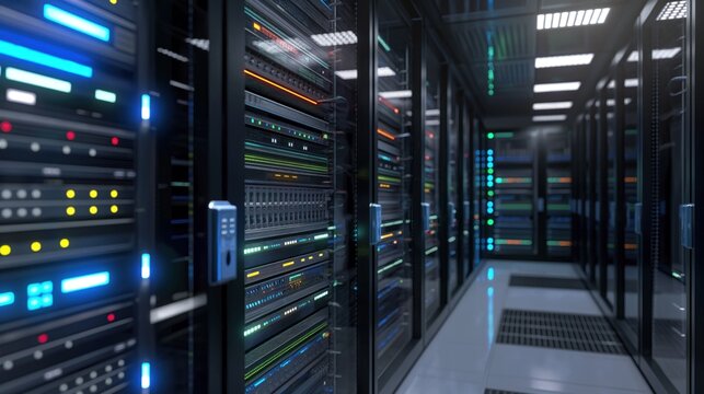 Row of server racks in a modern data center with blue glow. Server computers with data HUD displays. Digital network infrastructure for business technology support. - Powered by Adobe