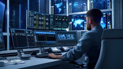 Man works alone in a control center surrounded by multiple screens displaying technical information. He sits in front of a desk with various equipment and software.