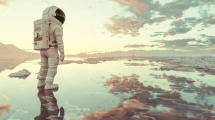 Naklejka premium An astronaut exploring Mars' polar ice caps, with their reflection on the ice, surrounded by a stark, frozen landscape under a pale Martian sky.