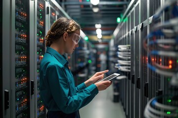 Female technician works on tablet in data center filled with rack servers running diagnostics, maintenance on system. She checks firewall security, updates software, monitors server performance.