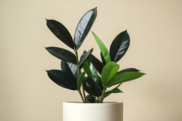 Overhead view of lush potted houseplant  on the light brown background.