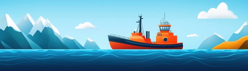 Fototapeta premium A vibrant illustration of a tugboat navigating calm waters near mountains, ideal for maritime and nature-themed projects.