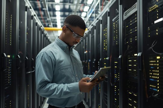 Young male technician in data center room inspecting server rack. Focused on his face while working with tablet for technical support. Computer pro in IT industry examining equipment.