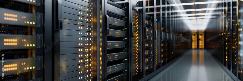 Poster high-tech server room data center with rows of computer racks storing vast amounts of information. m