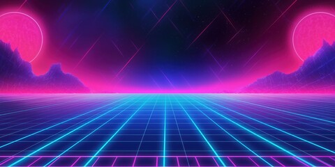 Vibrant neon colors of blue, pink, purple create futuristic background with grid pattern on bottom. Bright, retro, vintage style reminiscent of 1980s disco era.