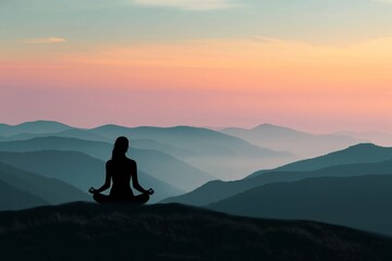 Woman in peaceful meditation pose on mountain summit during sunset. Serene landscape reveals gradient sky and distant mountains. Calmness and mindfulness prevail.