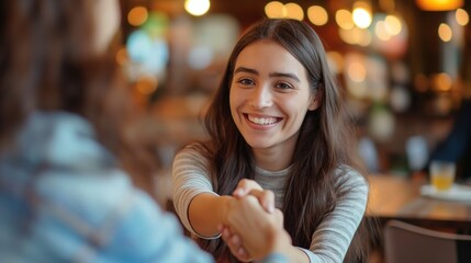 Young woman shakes hands with another individual in busy restaurant setting. Blue shirted person extends hand to gray shirted seated person over white tablecloth amidst vibrant colors, blurred