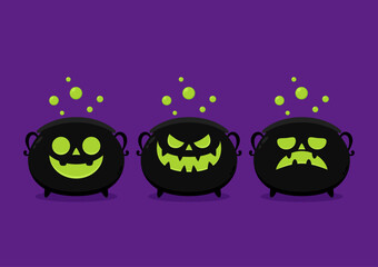 Pumpkin face on kettle. Witch cauldron, Halloween magic pot with green potion. Vector steel boiler with boiling magic brew or steaming goo. Cartoon kettle with poison.