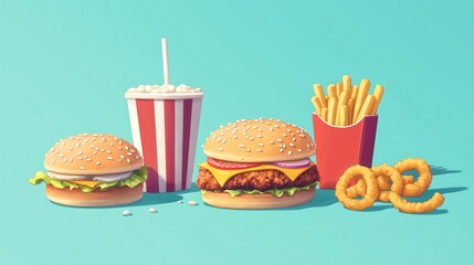 Delicious fast food assortment featuring burgers, fries, onion rings, and a soft drink, perfect for a casual lunch or snack