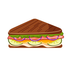 Colorful sandwich with multiple layers of fresh vegetables, cheese, and meat. Cartoon design for menu or advertisements. Vector illustration isolated on a white background.