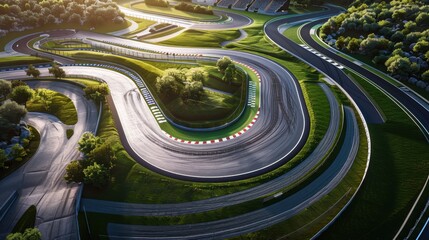 Top view of a motorsport stadium with an empty race track curving through grandstands and infield