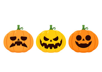Pumpkin head set. Cute and scary Halloween pumpkin monster set. Holidays cartoon character in flat style collection.