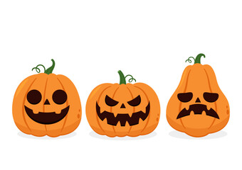 Pumpkin head set. Cute and scary Halloween pumpkin monster set. Holidays cartoon character in flat style collection.
