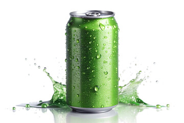 green can of soda with water splashing on it
