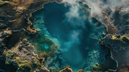Aerial view of a geothermal crater lake, with boiling water and steam clouds, the surrounding terrain marked by sulfur deposits and other minerals