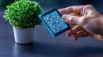 A hand holds a glowing QR code next to a potted plant, symbolizing technology and nature integration in modern living.