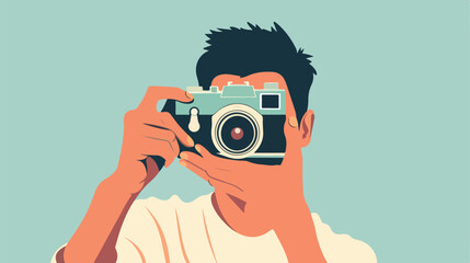 Vintage Camera Photography: Man Capturing Image in Flat Vector Style